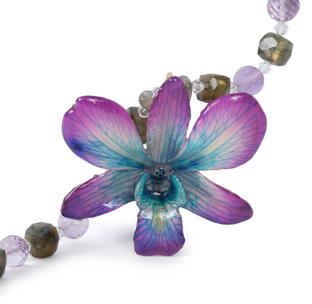 Amethyst, Labradorite, Sterling Real Orchid Necklace - Devi & Co