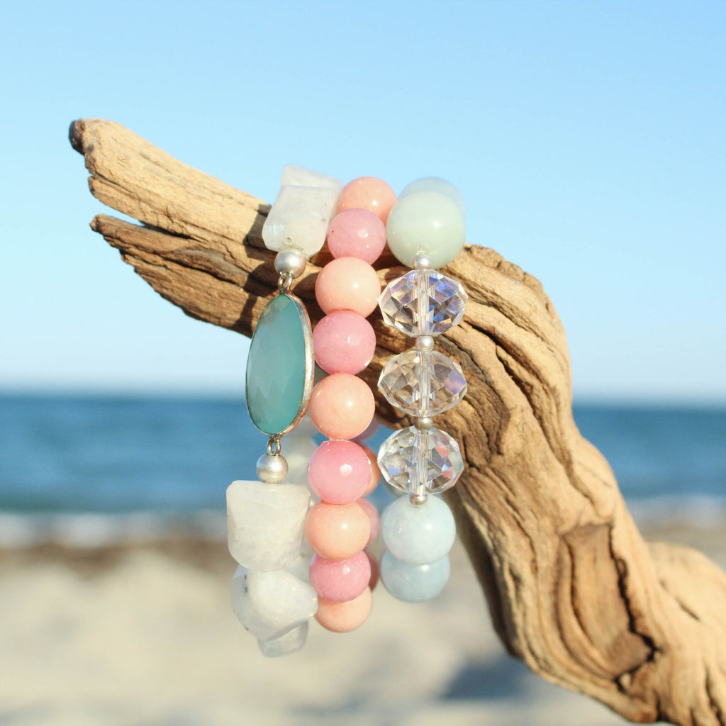 Aqua Chalcedony and Rainbow Moonstone Stretch Bracelet - Devi & Co