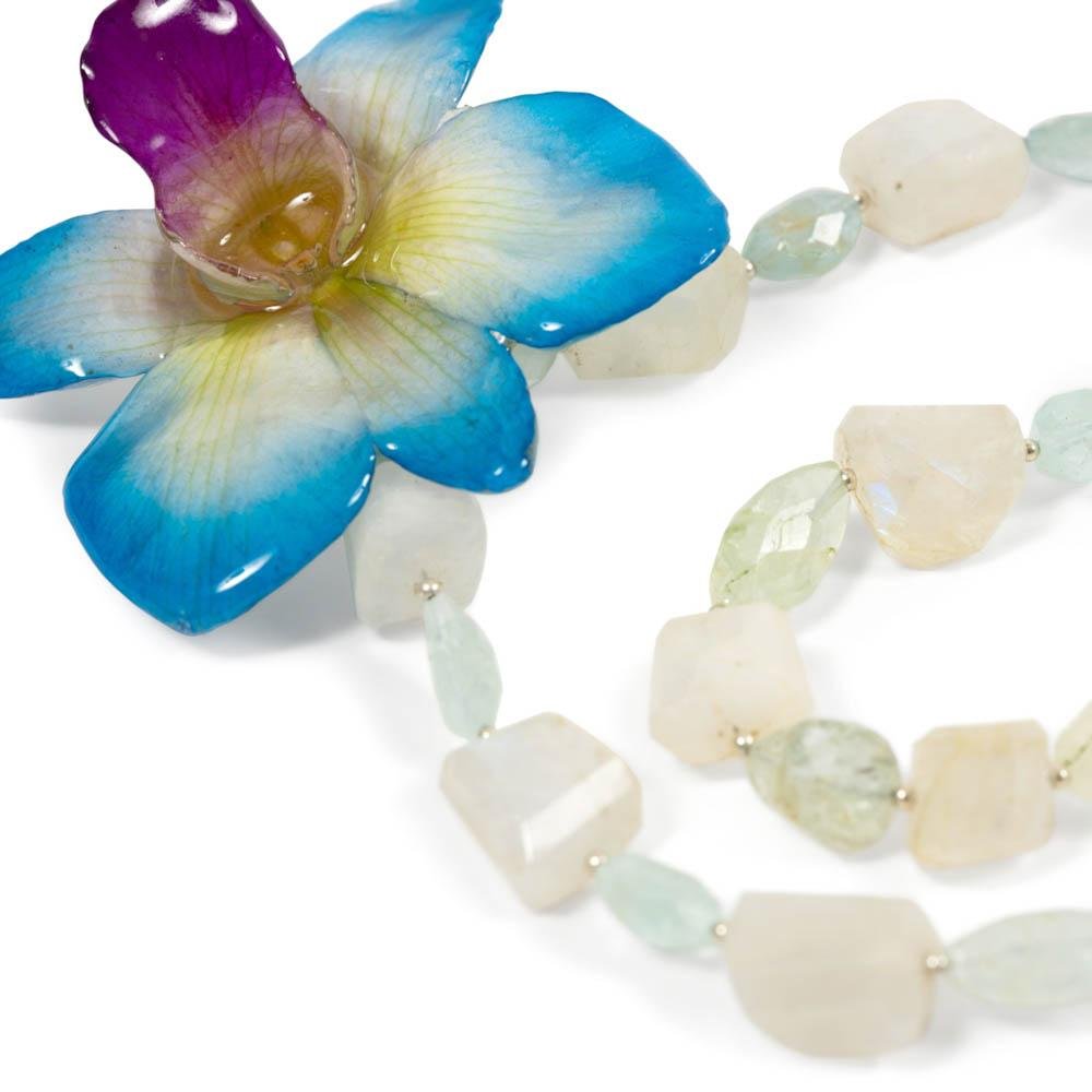 Aquamarine and Rainbow Moonstone Real Orchid Necklace - Devi & Co