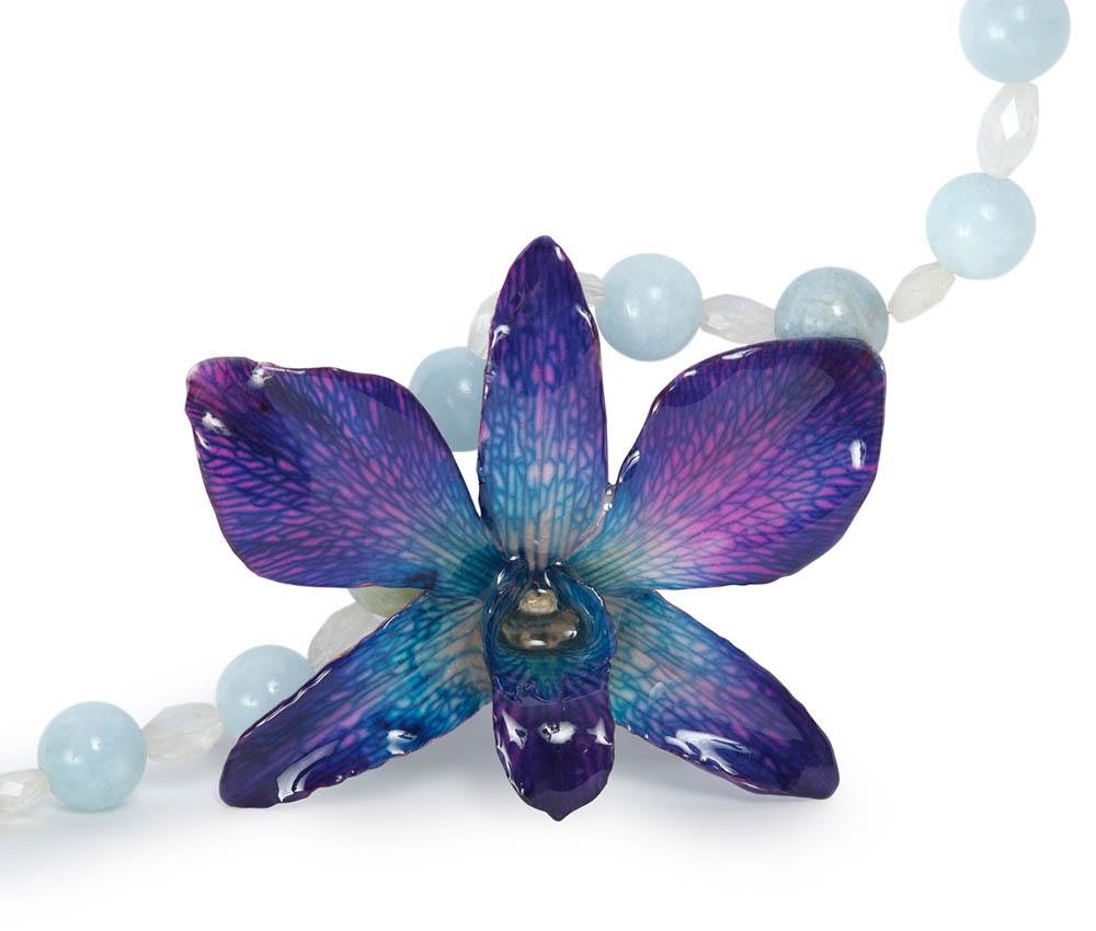 Aquamarine Moonstone and Sterling Real Orchid Necklace - Devi & Co