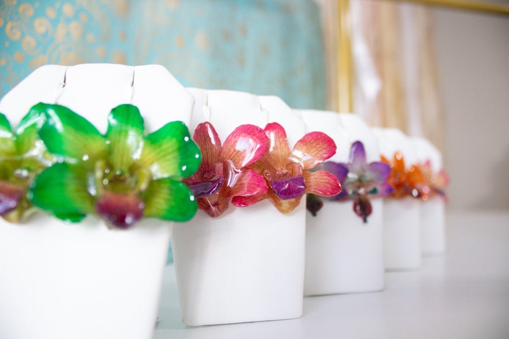 Bunga Orchid Drop Earrings - Orange Dendrobium - Devi & Co