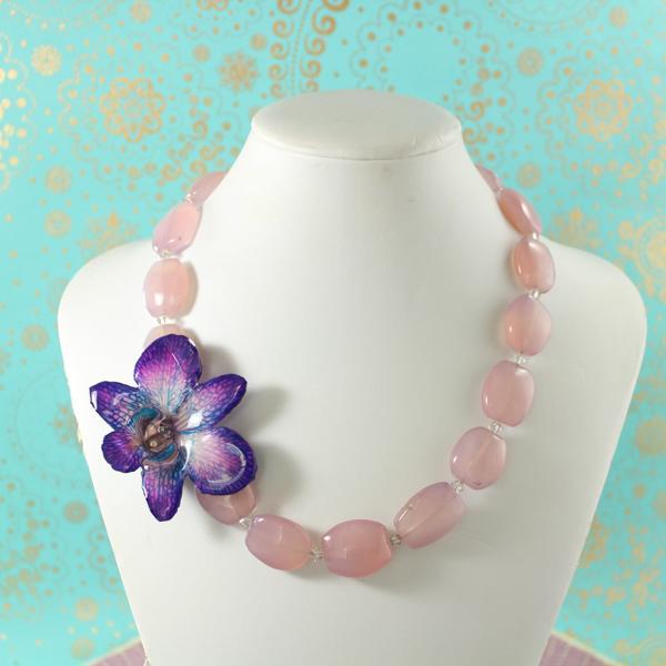 Chalcedony and Real Orchid Statement Necklace | Handmade | Preserved Orchid - Devi & Co