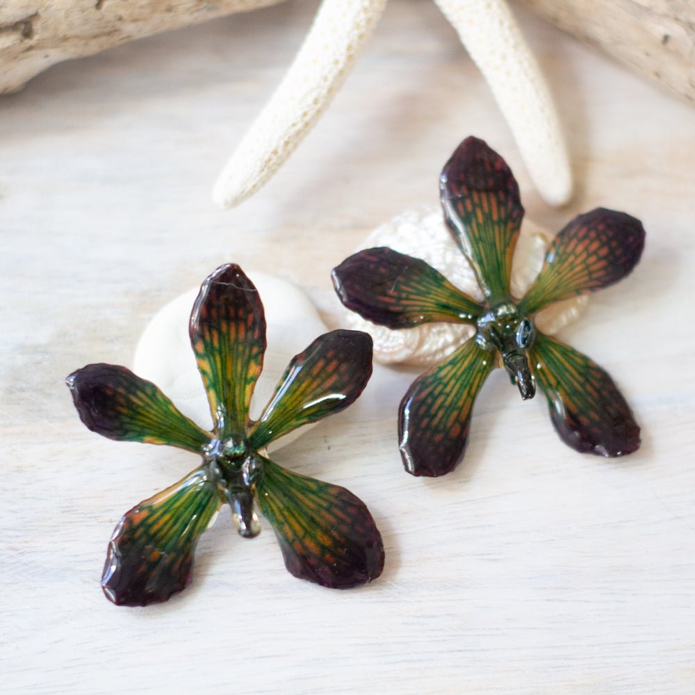 Dark Mokara Orchid Drop Earrings - Devi & Co