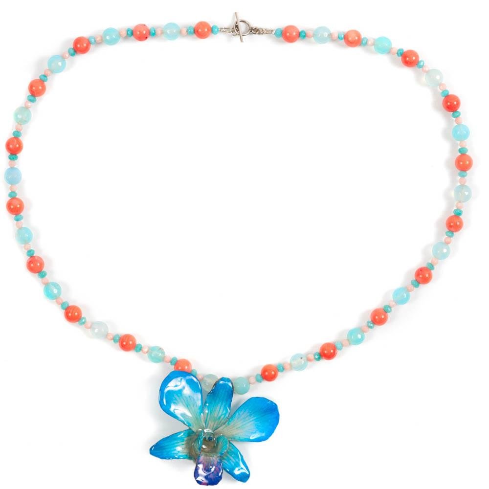 Long Beaded Gemstone Resin Preserved Orchid Necklace - Devi & Co