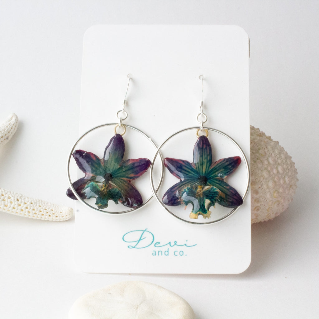 Orchid Earrings with Hoops - Blue and Purple - Devi & Co