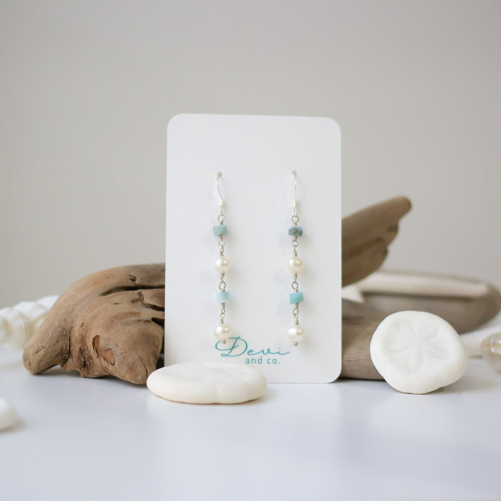 Pearl and Larimar Dangle Earrings - Devi & Co