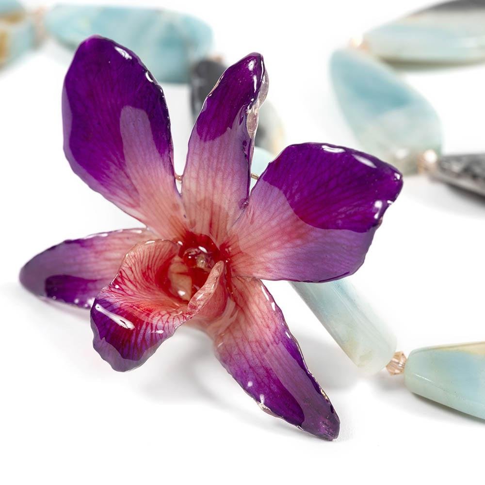 Real Orchid and Amazonite Statement Necklace | Tropical Jewelry - Devi & Co
