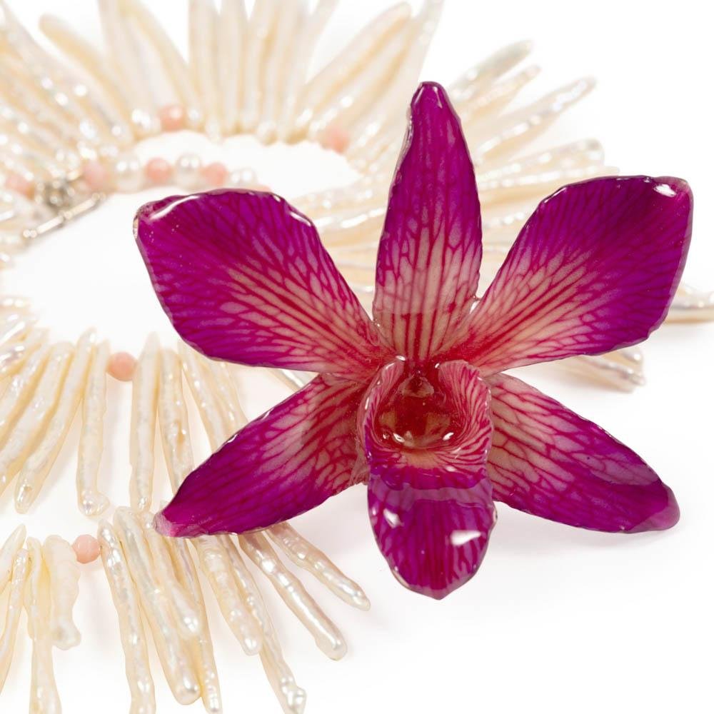 Stick Pearl and Coral Real Orchid Statement Necklace - Devi & Co