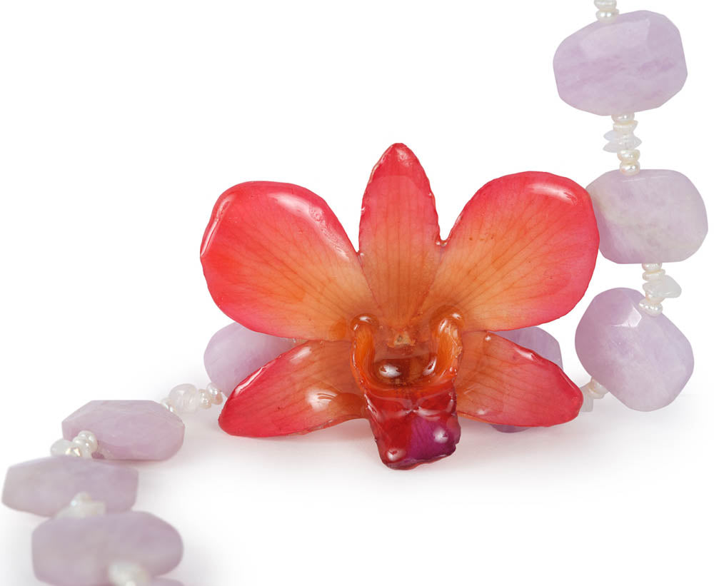 "Nisha" Kunzite, Pearl, and Moonstone Real Orchid Necklace