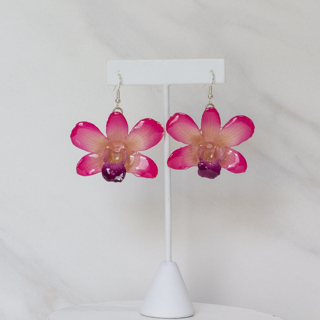 Pink real orchid flower drop earrings handcrafted from preserved Dendrobium orchid blossoms