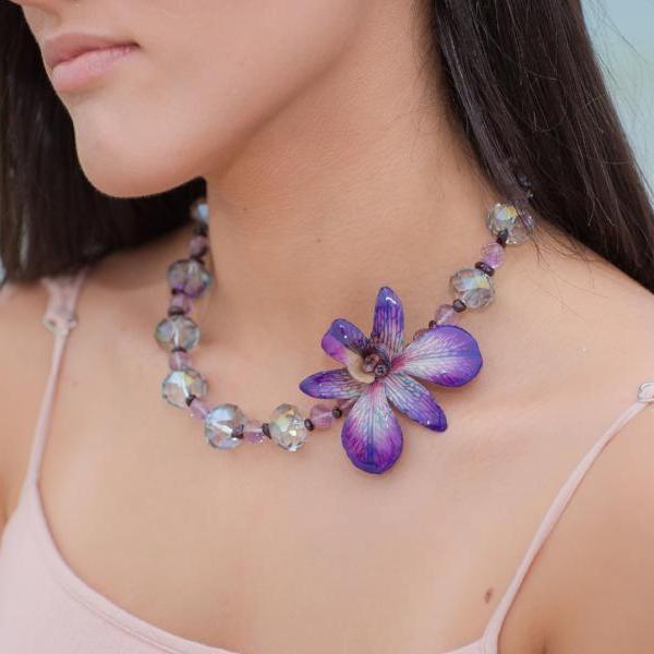 Amethyst Garnet and Crystal Real Orchid Statement Necklace | Preserved Orchid | Handmade - Devi & Co