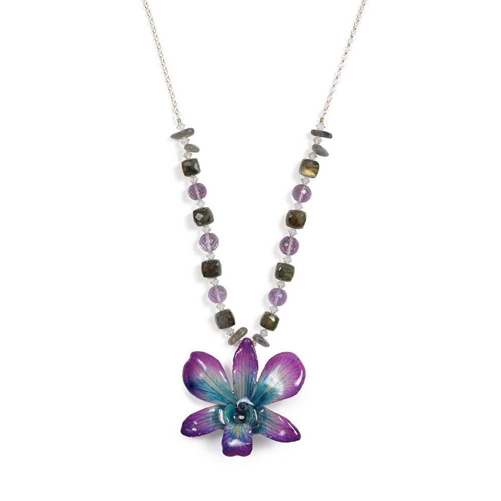 Amethyst, Labradorite, Sterling Real Orchid Necklace - Devi & Co