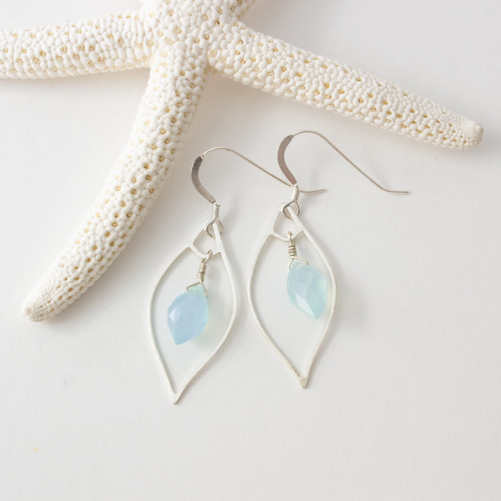 Aqua Chalcedony Earrings with Silver Marquise - Devi & Co