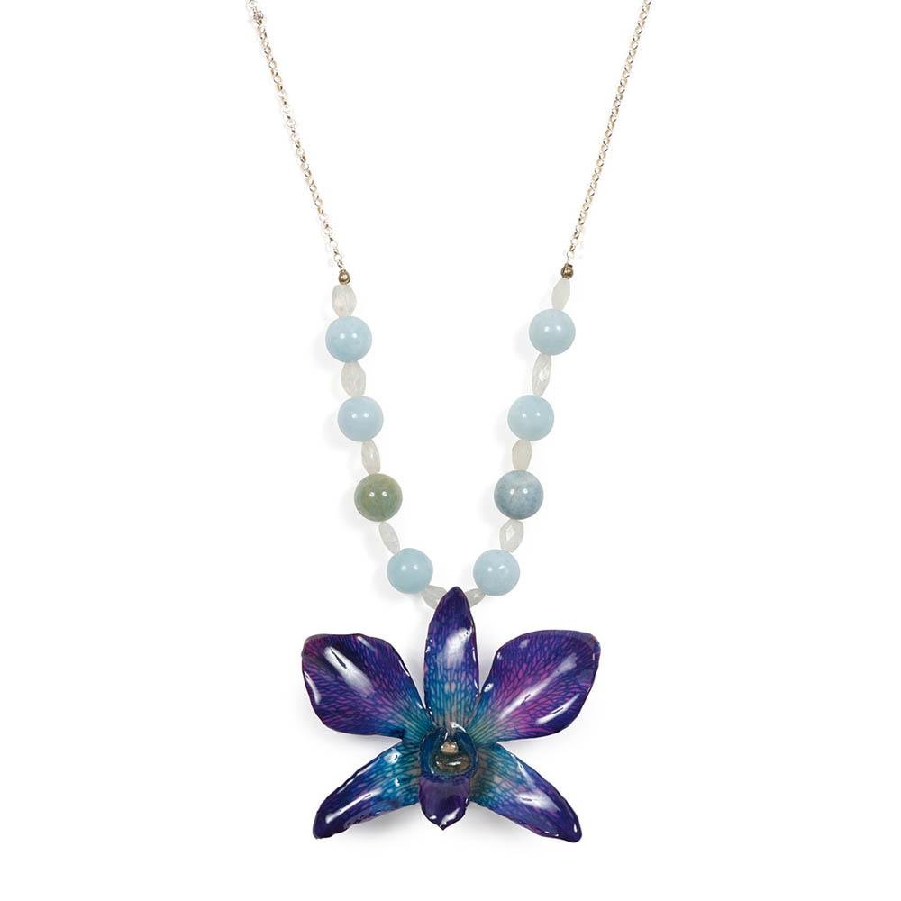 Aquamarine Moonstone and Sterling Real Orchid Necklace - Devi & Co