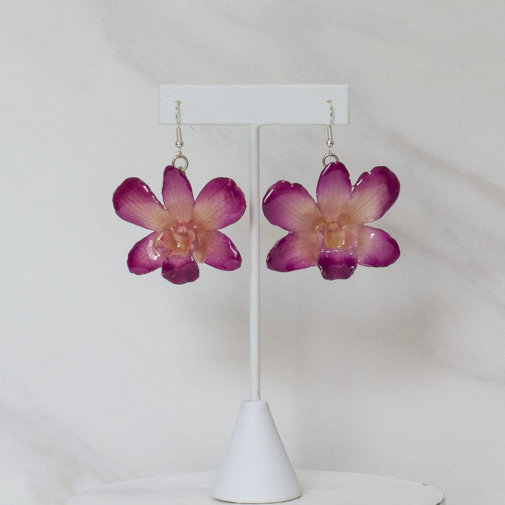 "Bunga" Flower Drop Earrings - Natural Purple Dendrobium - Devi & Co