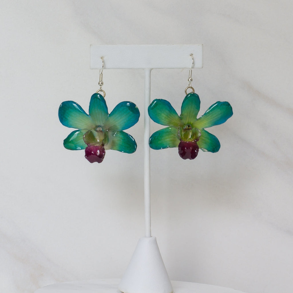 "Bunga" Flower Drop Earrings - Teal Dendrobium - Devi & Co