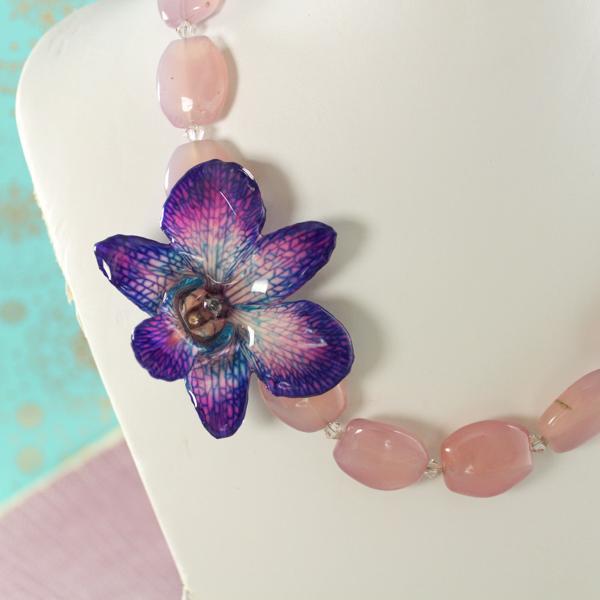 Chalcedony and Real Orchid Statement Necklace | Handmade | Preserved Orchid - Devi & Co