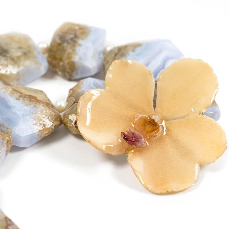 Crazy Lace Agate and Real Orchid Statement Necklace | Tropical Jewelry - Devi & Co