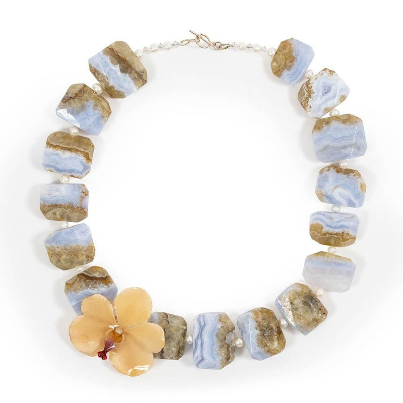 Crazy Lace Agate and Real Orchid Statement Necklace | Tropical Jewelry - Devi & Co
