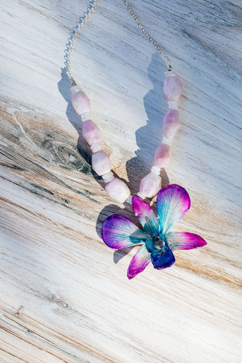Kunzite, Rainbow Moonstone and Sterling Real Orchid Necklace - Devi & Co