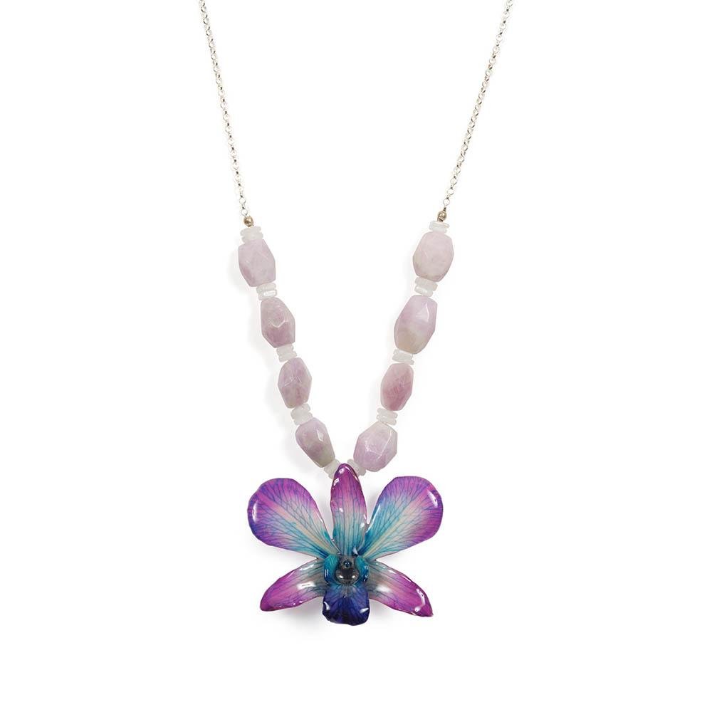 Kunzite, Rainbow Moonstone and Sterling Real Orchid Necklace - Devi & Co