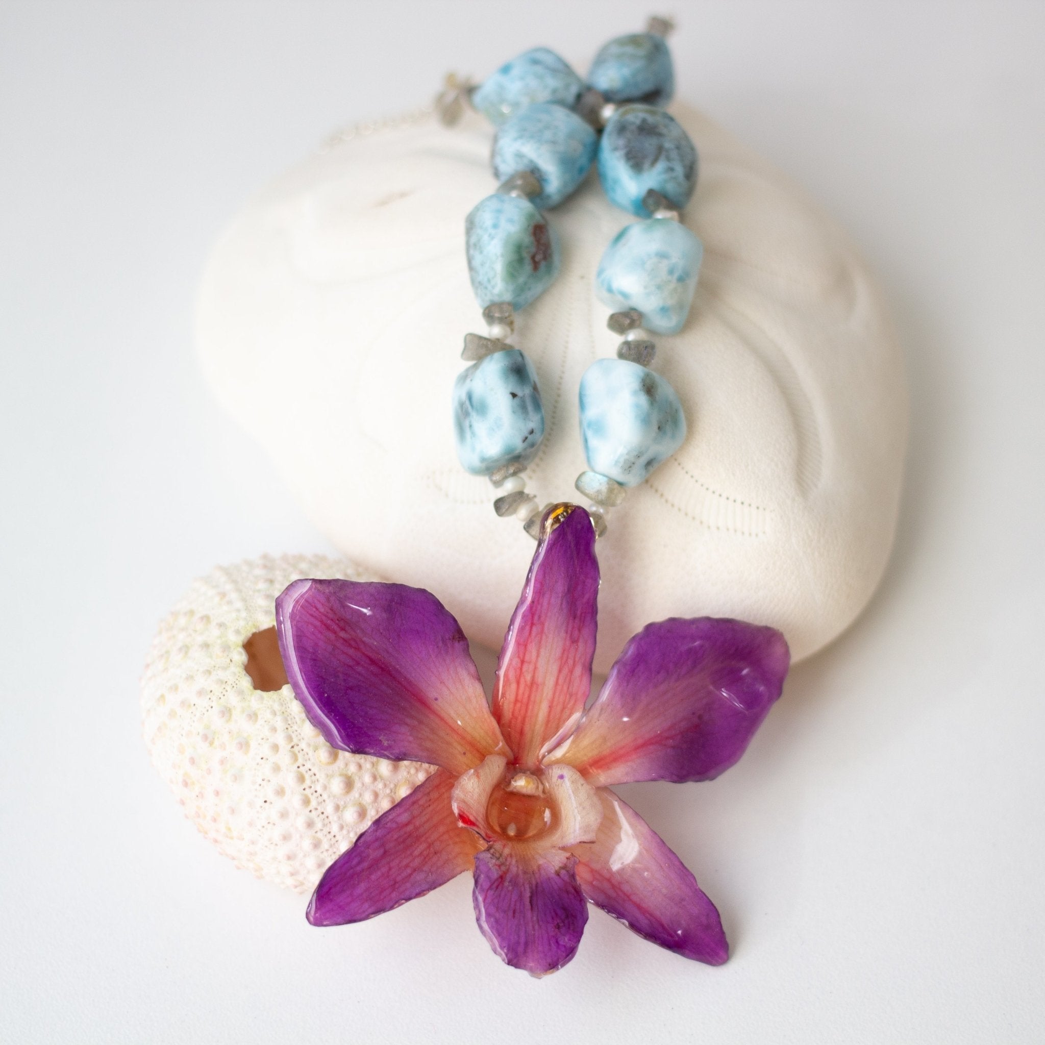 real orchid necklace with larimar | devi & co.