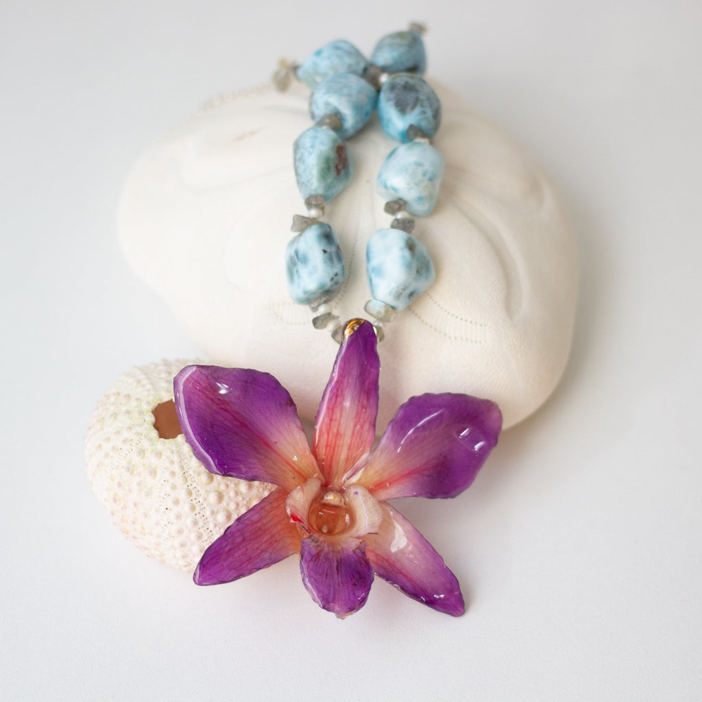 Larimar and Sterling Real Orchid Necklace - Devi & Co