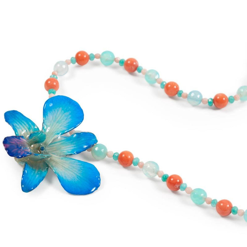 Long Beaded Gemstone Resin Preserved Orchid Necklace - Devi & Co