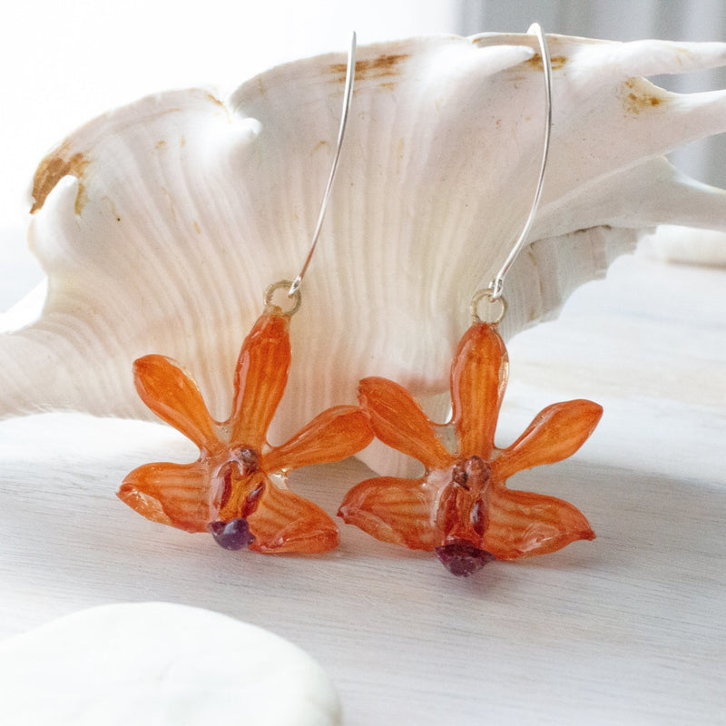 "Mekar" Petite Orchid Flower Drop Earrings - Orange - Devi & Co