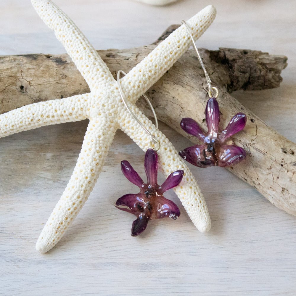 "Mekar" Petite Orchid Flower Drop Earrings - Purple - Devi & Co