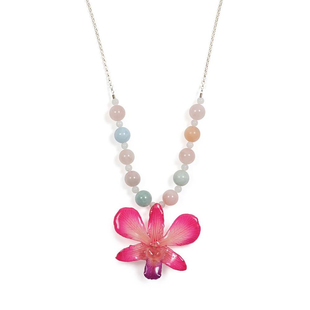 Morganite and Moonstone Sterling Real Orchid Necklace - Devi & Co