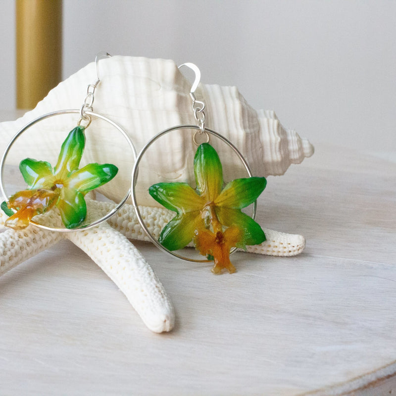 Orchid Drop Earrings with Hoops - Green - Devi & Co