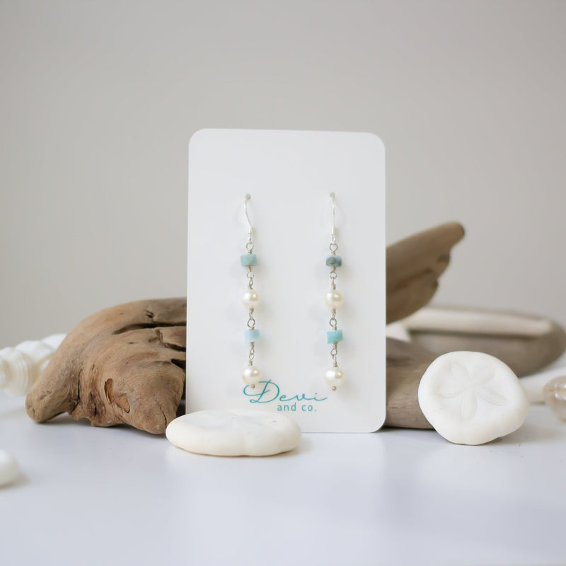 Pearl and Larimar Dangle Earrings - Devi & Co
