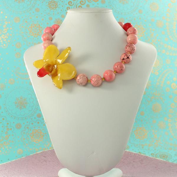 Pink Turquoise and Real Orchid Necklace | Handmade | Statement Necklace - Devi & Co