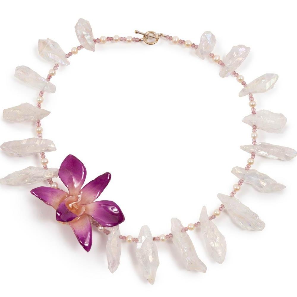 Quartz Point and Pearl Real Orchid Statement Necklace - Devi & Co