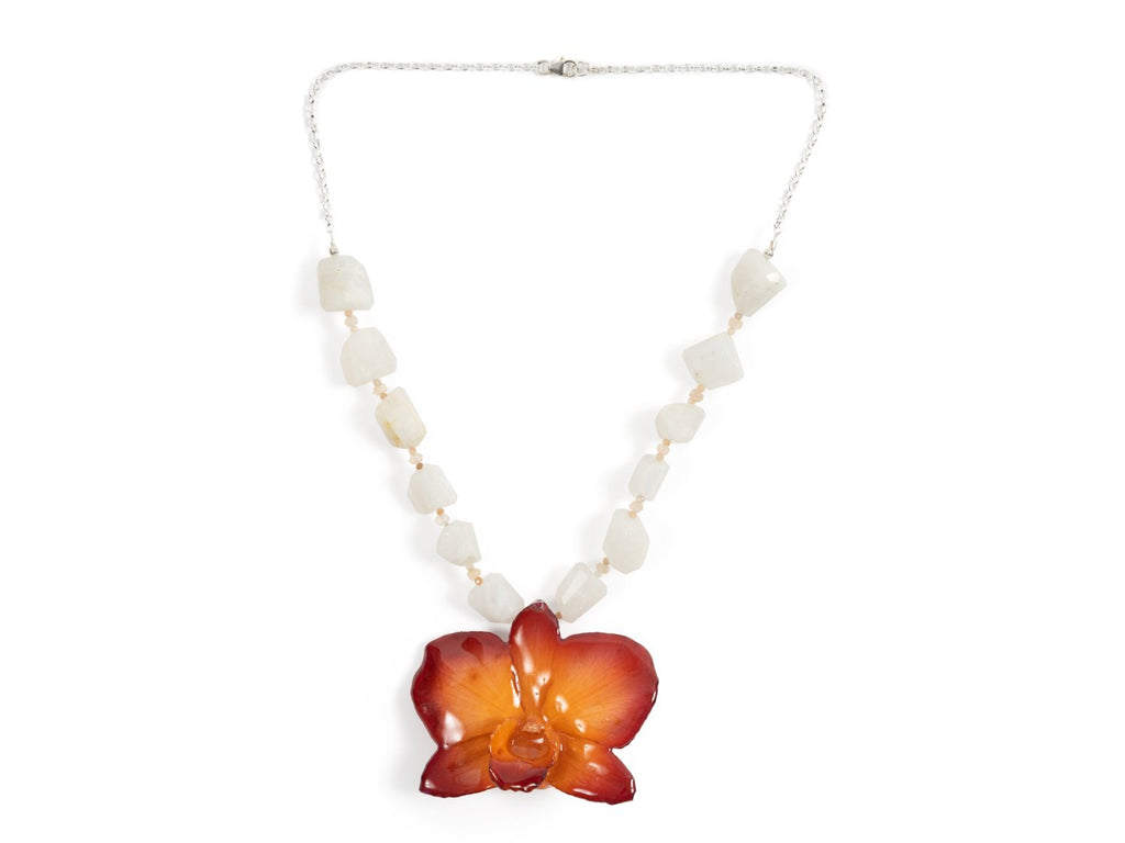 Rainbow & Peach Moonstone Sterling Silver Real Orchid Necklace - Devi & Co